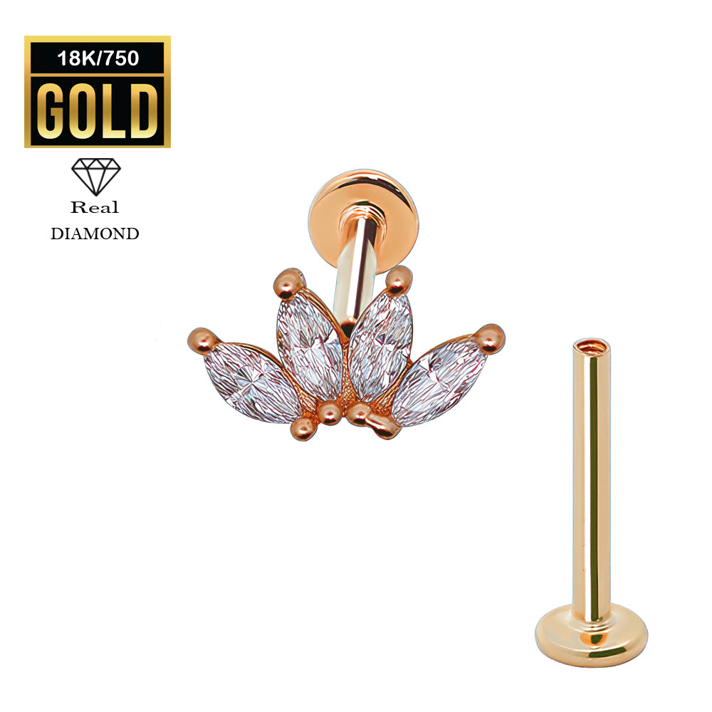750er Echt-Rosegold (18K) Labret mit Innengewinde und Diamanten im Marquise Design - Stärke 1.2mm Länge 8mm