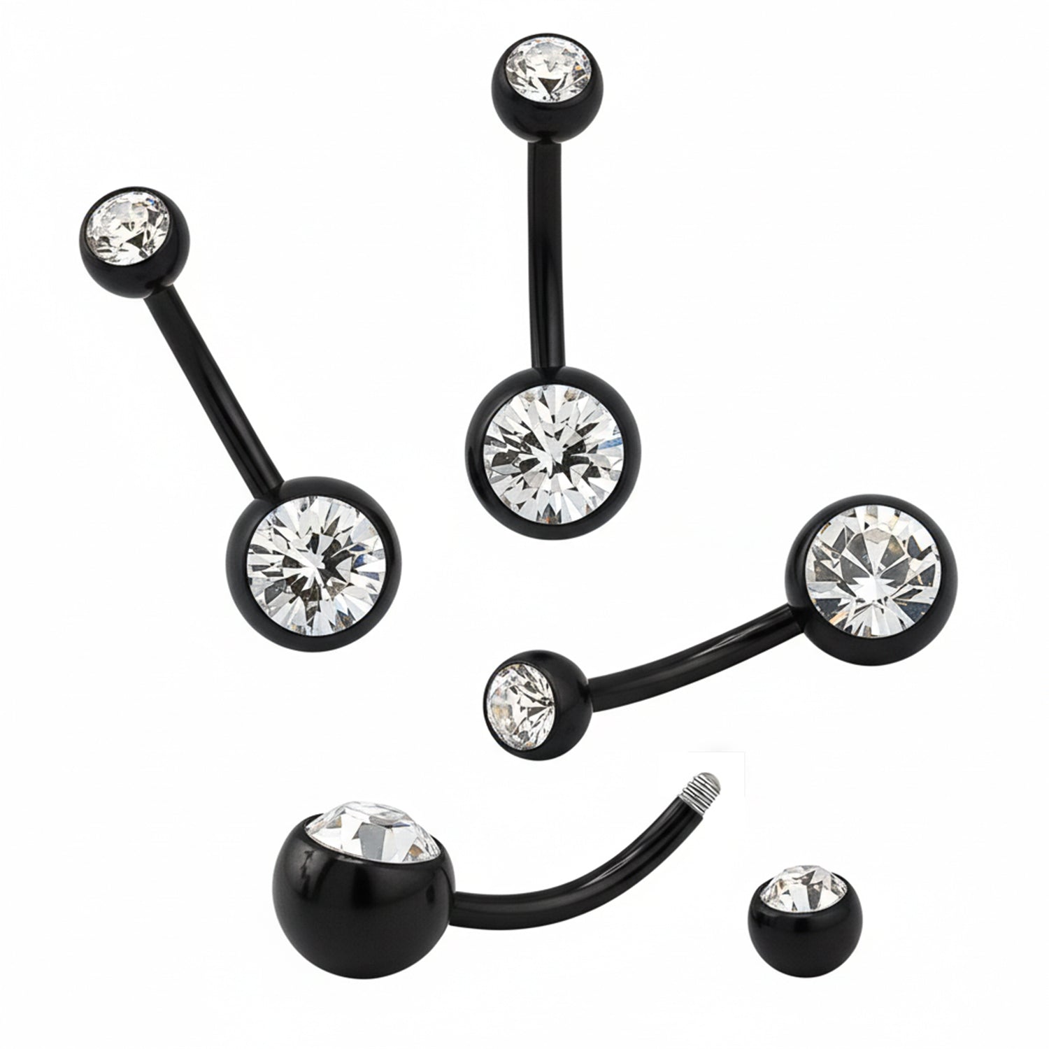 SONDERLÄNGEN Black Steel Bauchnabel Banana - Stärke 1.6mm mit 5+8mm Kugeln - Double Crystal