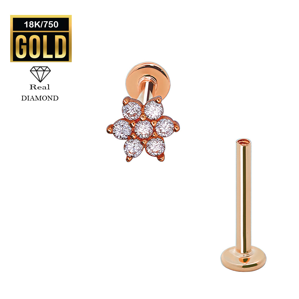750er Echt-Rosegold (18K) Labret mit Innengewinde und Diamanten im Blumen Design - Stärke 1.2mm Länge 8mm