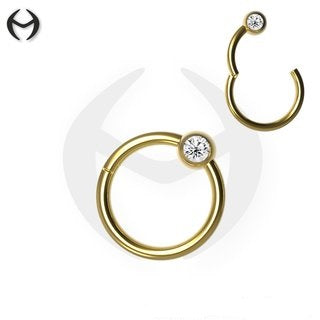 18K Gold Steel Segment Ring Clicker - with crystal ball (3mm) in Crystal Clear - thickness 1.2mm