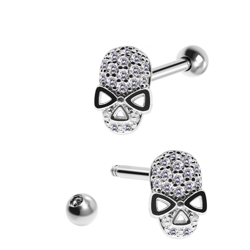 Steel 316L Barbell im Skull Design mit Kristallen - Kristallklar