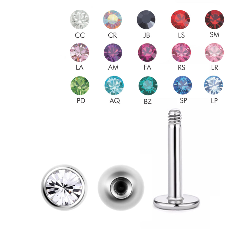 Steel labret with crystal ball (4mm) - thickness 1.6mm