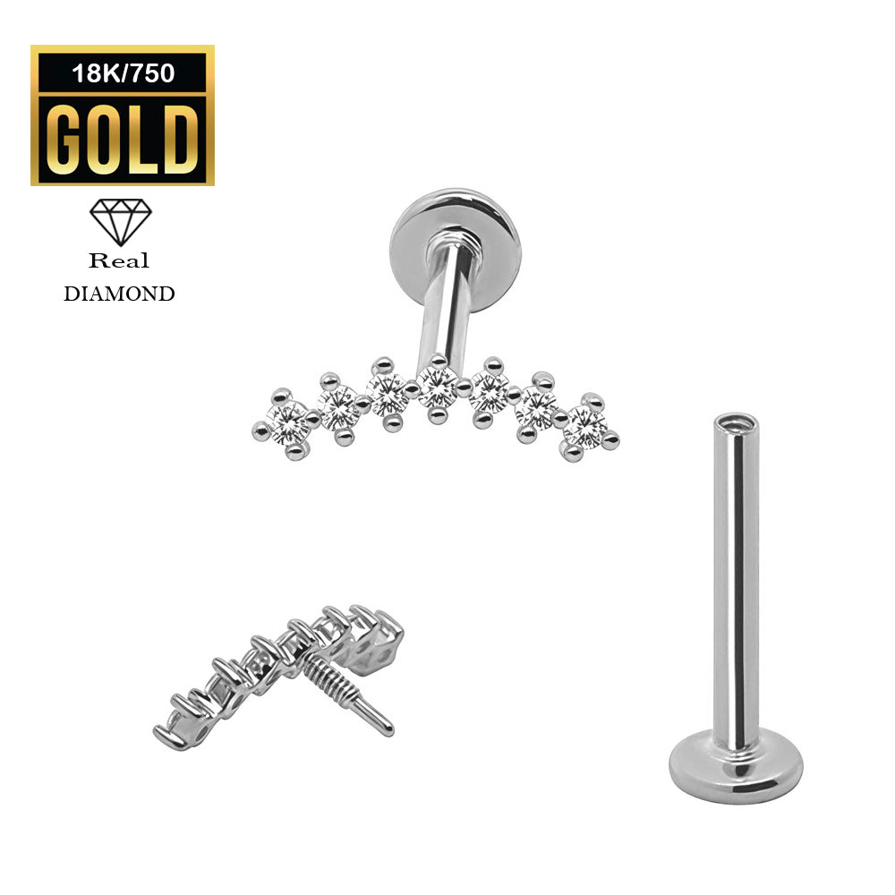 750er Echt-Weißgold (18K) Labret mit Innengewinde und Diamanten - Stärke 1.2mm Länge 8mm