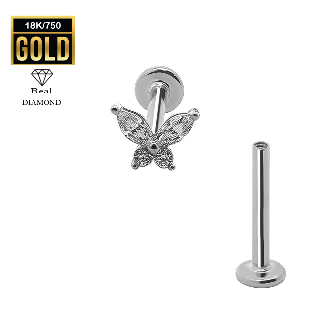 750er Echt-Weißgold (18K) Labret mit Innengewinde und Diamanten im Schmetterling Design - Stärke 1.2mm Länge 8mm