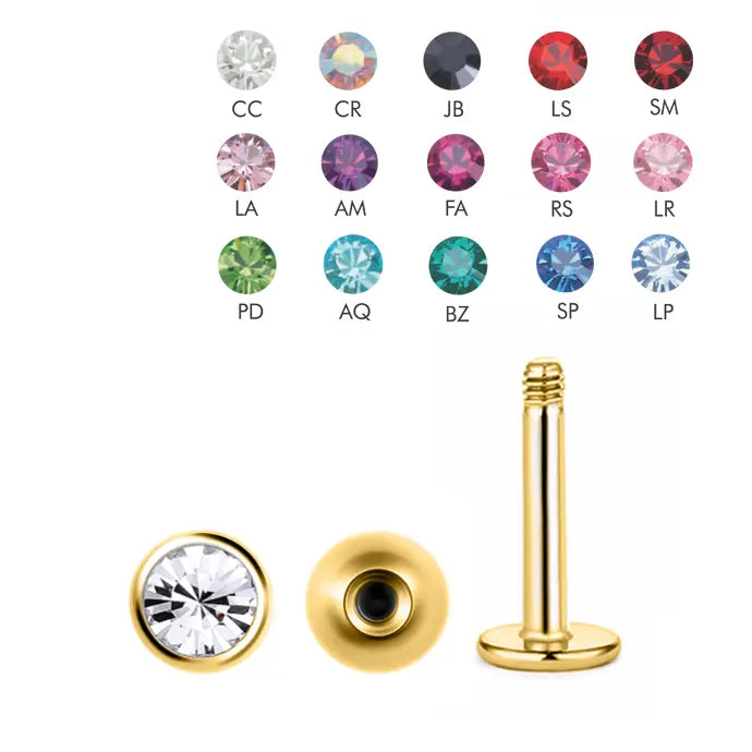 18K Gold Steel Labret with Crystal Ball (4mm) - Thickness 1.6mm