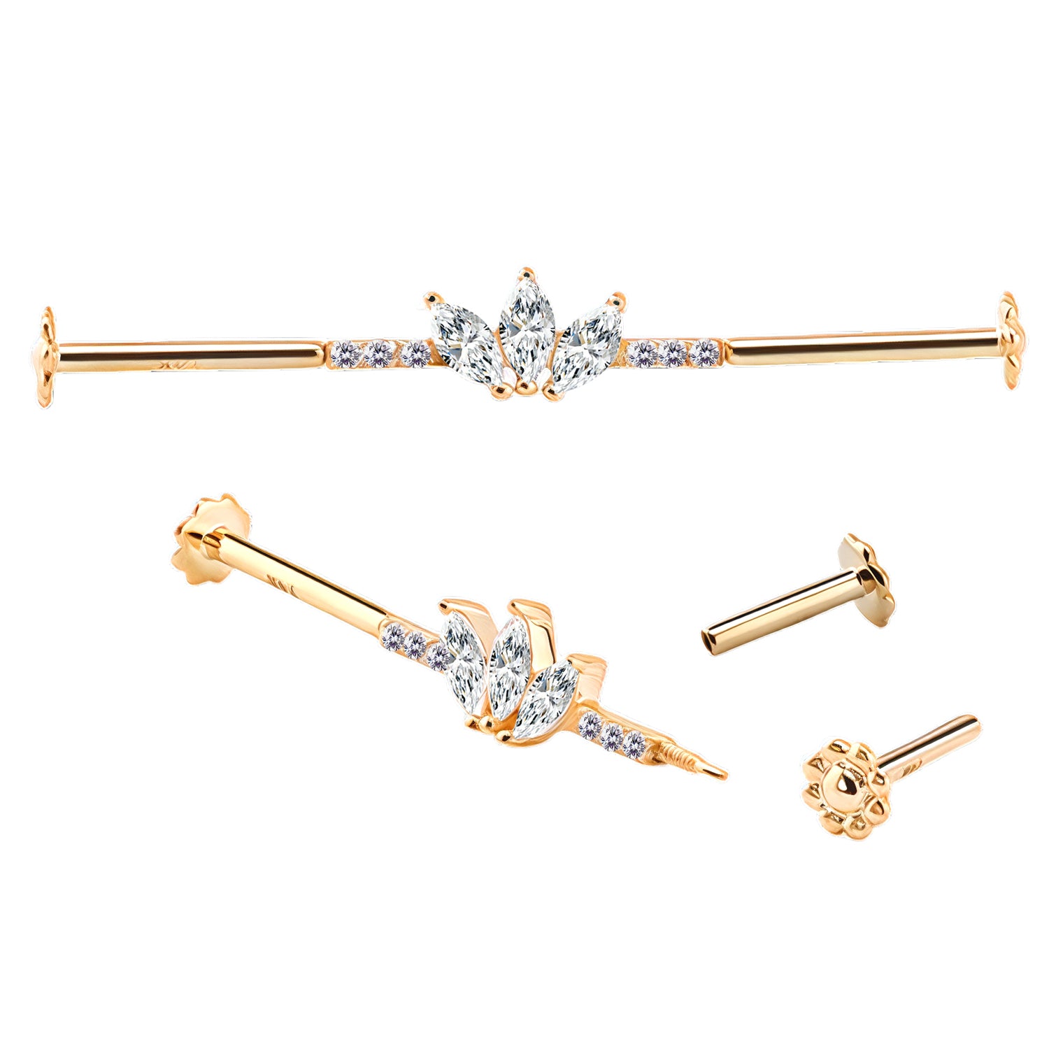 585er Echt-Gelbgold (14K) Industrial Barbell mit Innengewinde und synthetischem Diamant - Stärke 1.2mm Länge 38mm