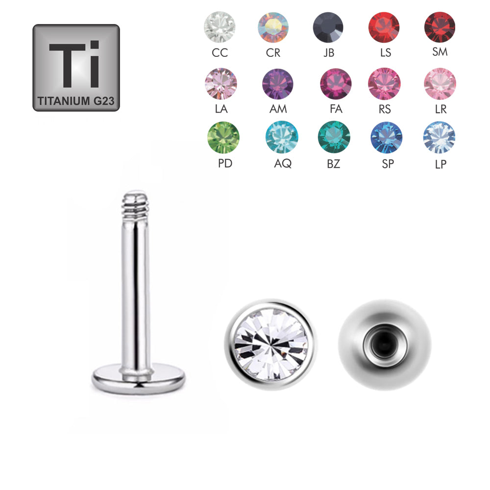 Titan G23 Labret mit Kristall Kugel (3mm) - aus einem Stück mit flacher Bodenplatte - Stärke 1.2mm