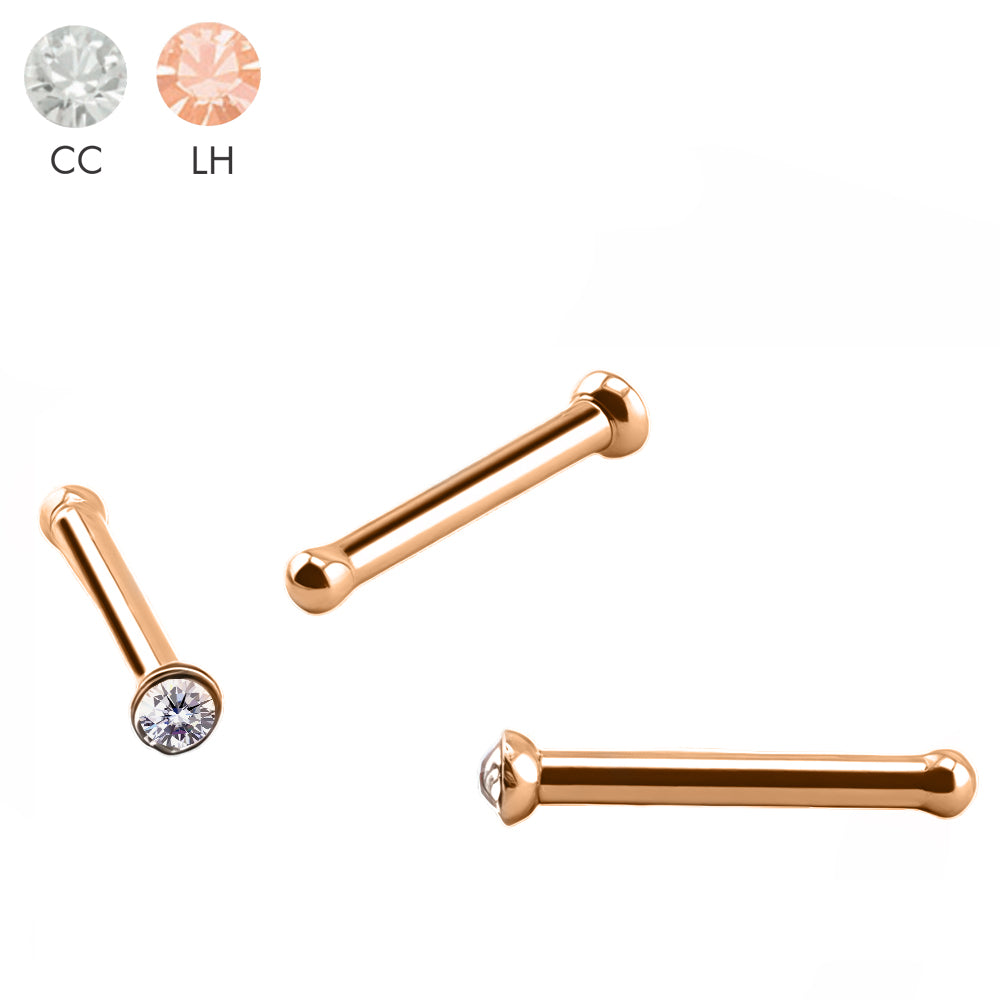 18K Rose Gold Steel Nasenstecker mit 2mm Kristall - Stärke 1.0mm Länge 6mm