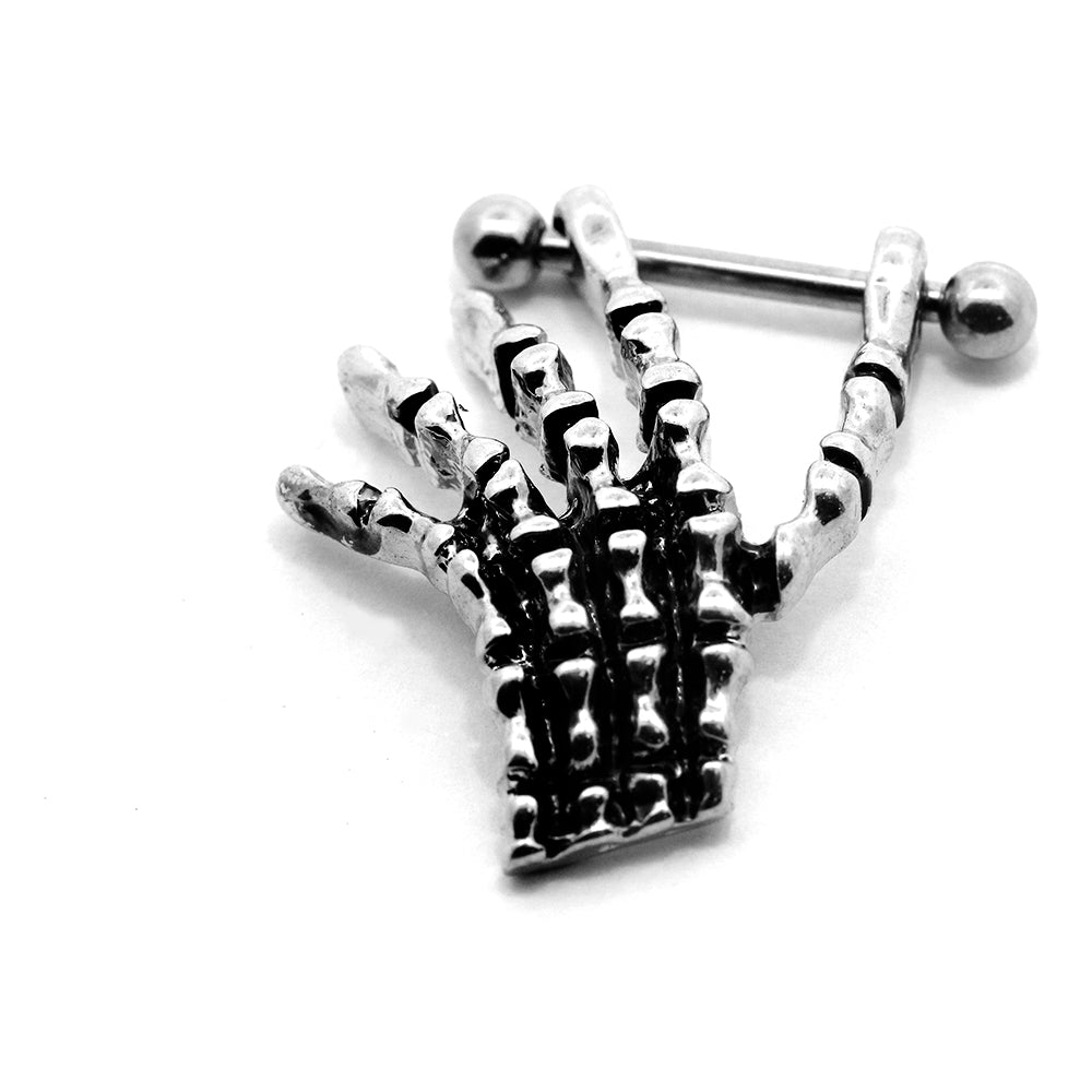 Steel 316L Nippel Piercing mit Skelet Hand - Stärke 1.2mm Länge 12mm Kugeln 3mm