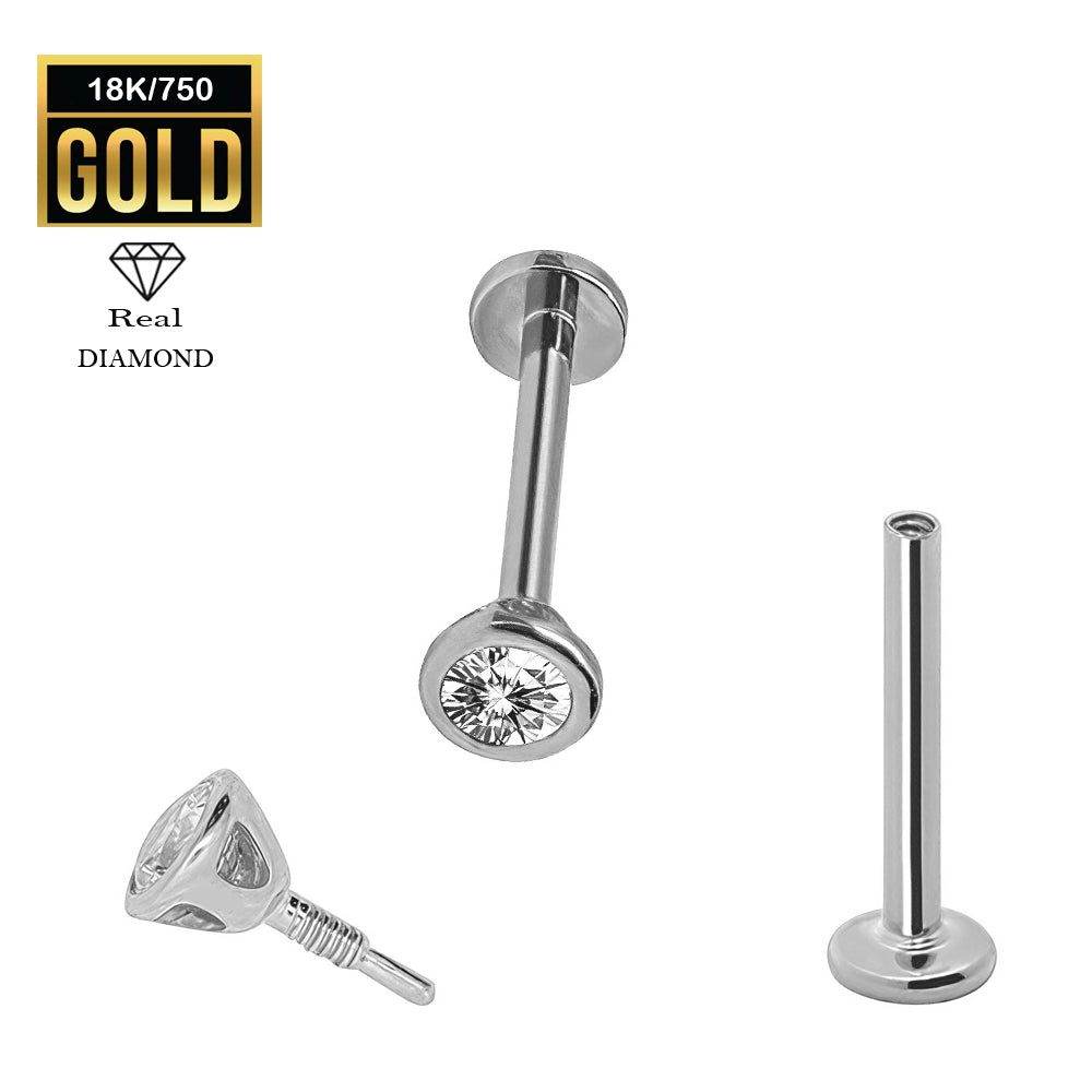 750er Echt-Weißgold (18K) Labret mit Innengewinde und Diamant - Stärke 1.2mm Länge 8mm