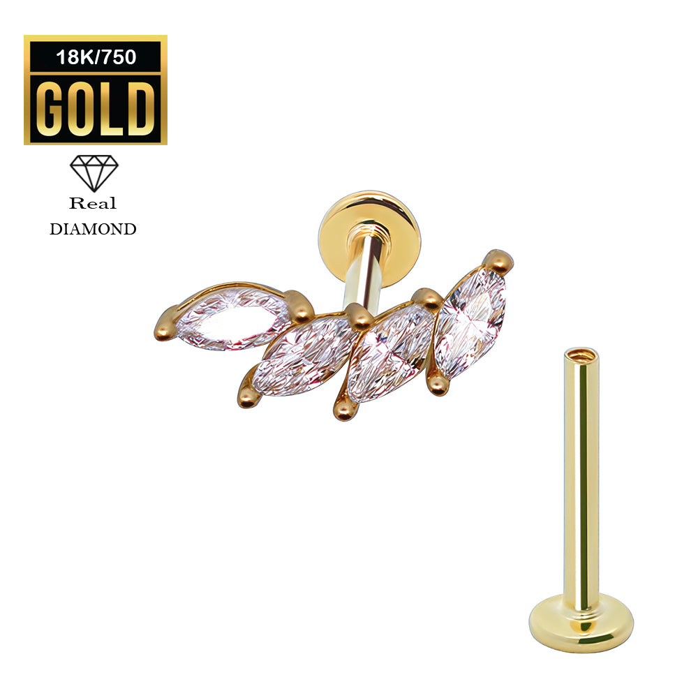 750er Echt-Gelbgold (18K) Labret mit Innengewinde und Diamanten im Marquise Design - Stärke 1.2mm Länge 8mm