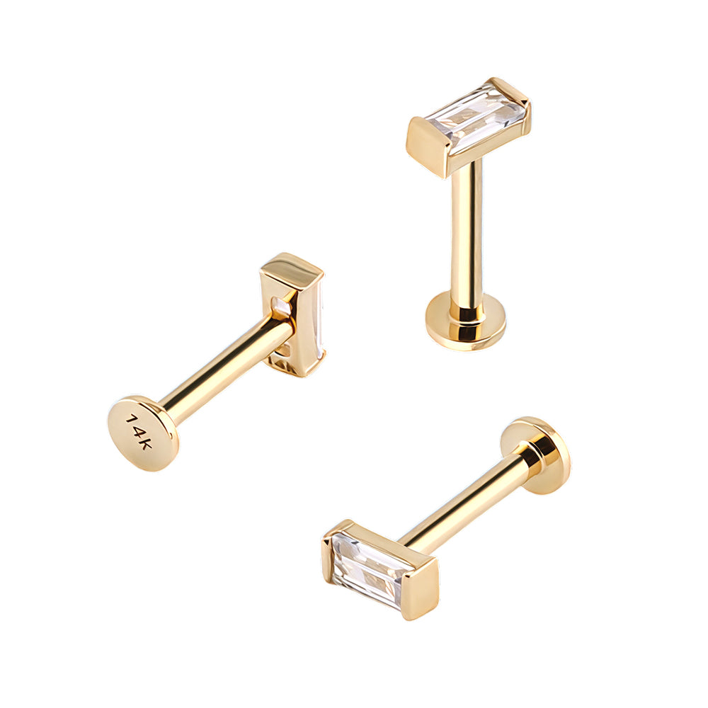 585er Echt-Gelbgold (14K) Labret mit Innengewinde und synthetischem Diamant (Bezel Setting)  - Stärke 1.2mm Länge 8mm