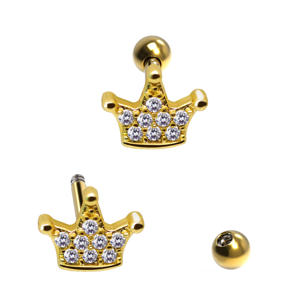 Steel 316L Barbell in Crown Design with Crystals - CC Crystal Clear