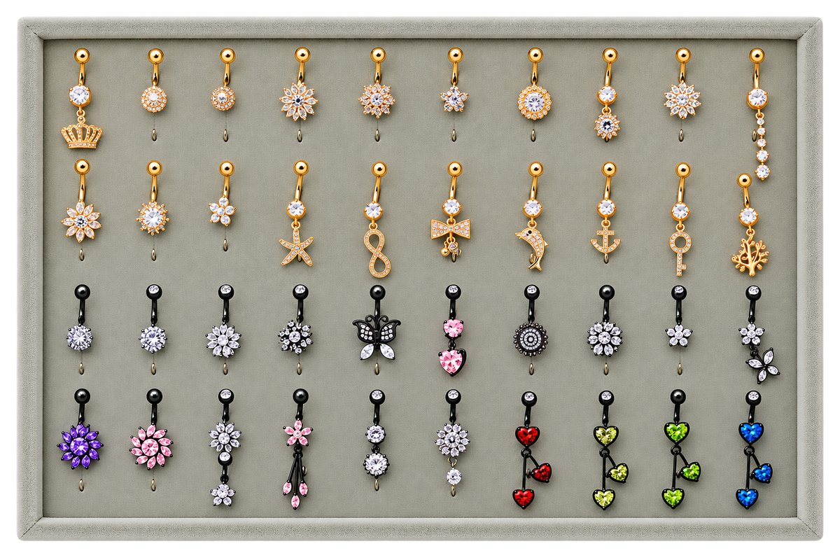 40er Set mit Display - 18K Rose Gold/ Black Steel Bauchnabel Banana im Fashion Brass Design