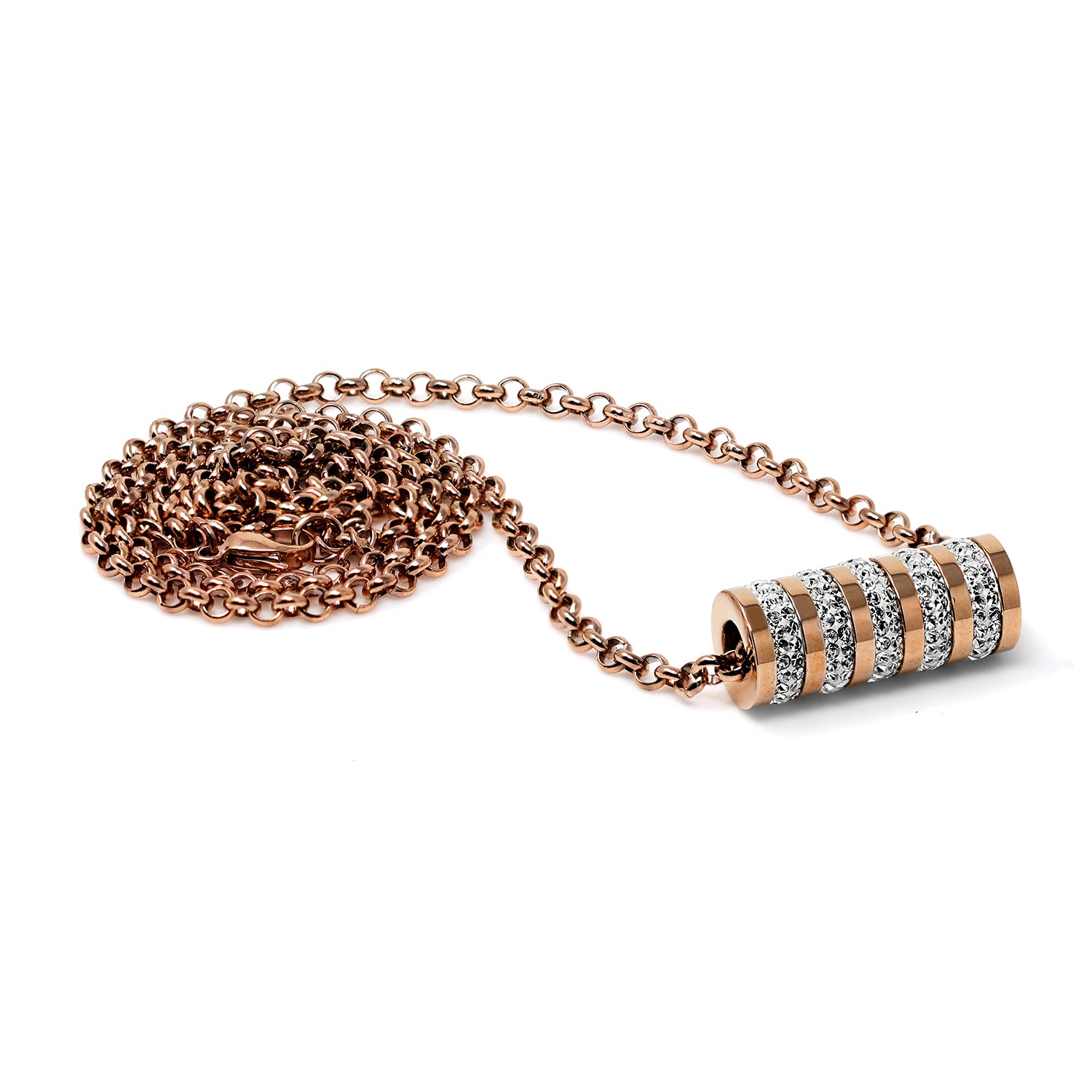 18K Rose Gold S. Steel Panzerkette mit zylinderförmigem Kristallanhänger