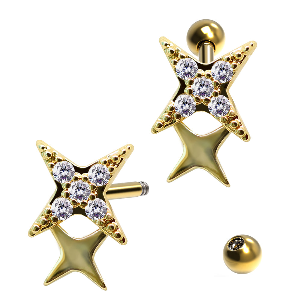 Steel 316L Barbell in Star Design with Crystals - CC Crystal Clear