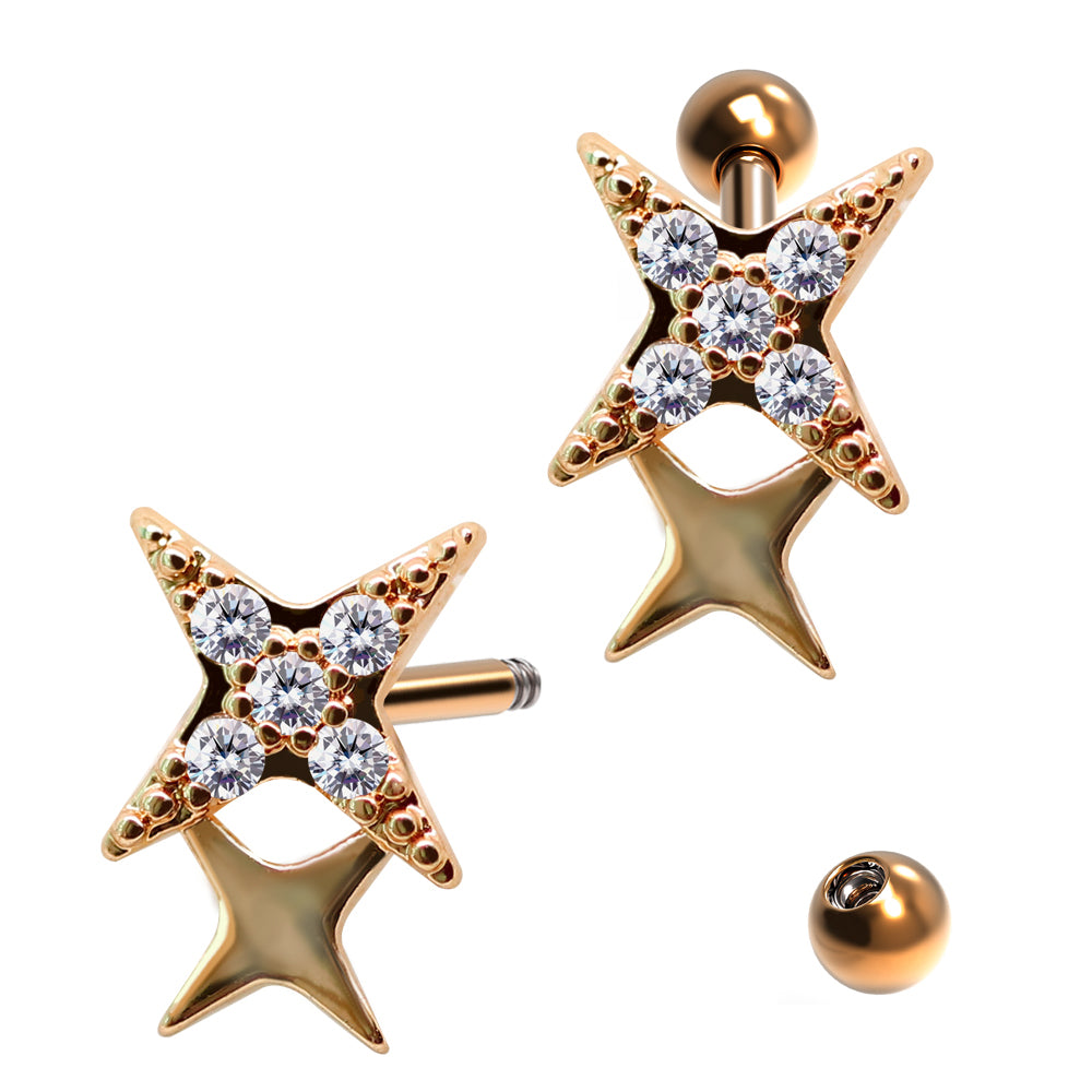 Steel 316L Barbell in Star Design with Crystals - CC Crystal Clear