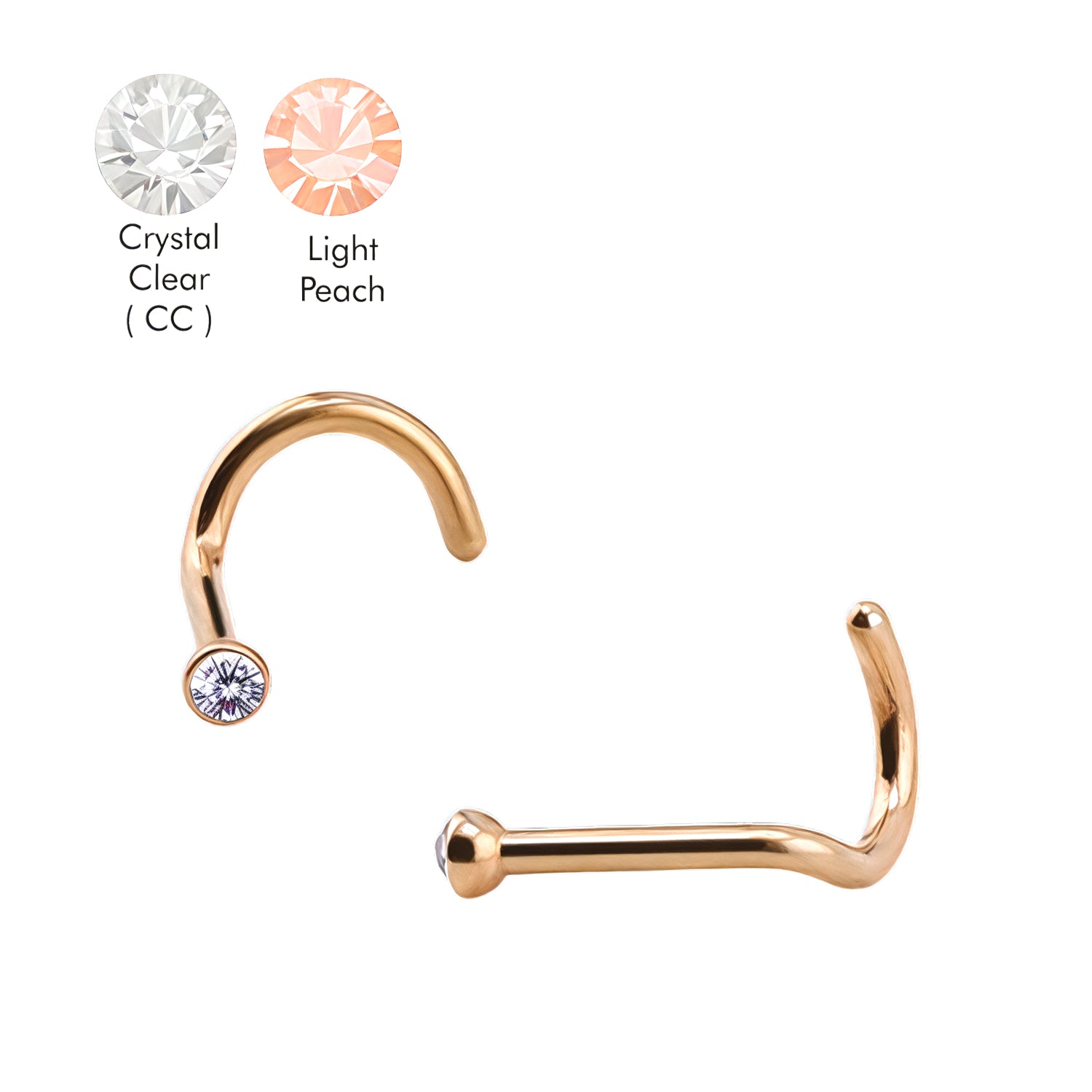 18K Rose Gold Steel Nasenspirale mit Kristall - Stärke 1.0mm Kristall 2mm