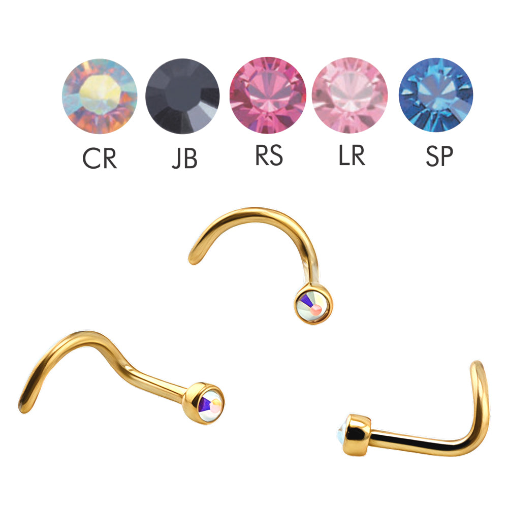 18K Gold Steel Nasenspirale mit Flat Disc Kristall - Stärke 1.0mm Länge 6mm Kristall 2.5mm