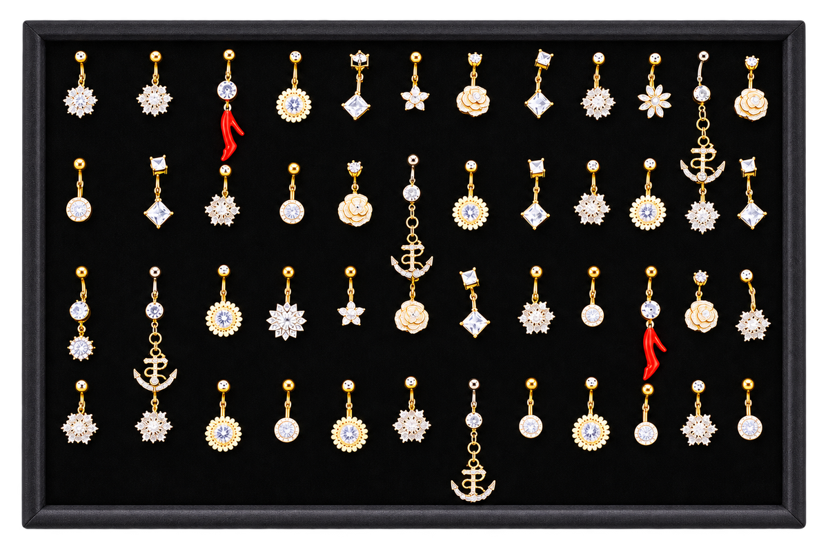 51er Set mit Display - 18K Gold Steel Bauchnabel Banana im Fashion Brass Design