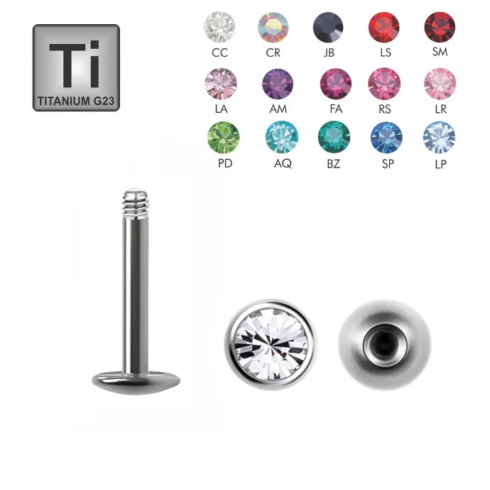 Titan G23 Labret mit Kristall Kugel (2.5mm) - aus einem Stück mit abgerundeter Bodenplatte - Stärke 1.2mm