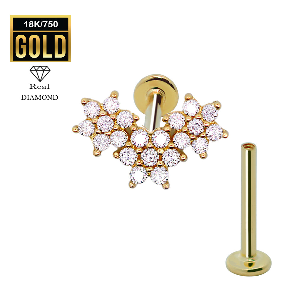 750er Echt-Gelbgold (18K) Labret mit Innengewinde und Diamanten im Blumen Design - Stärke 1.2mm Länge 8mm