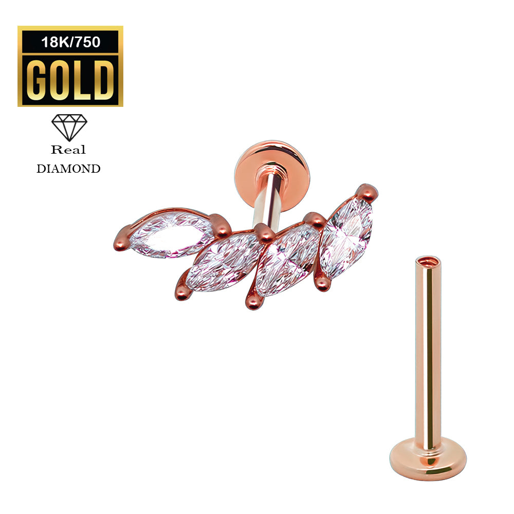 750er Echt-Rosegold (18K) Labret mit Innengewinde und Diamanten im Marquise Design - Stärke 1.2mm Länge 8mm