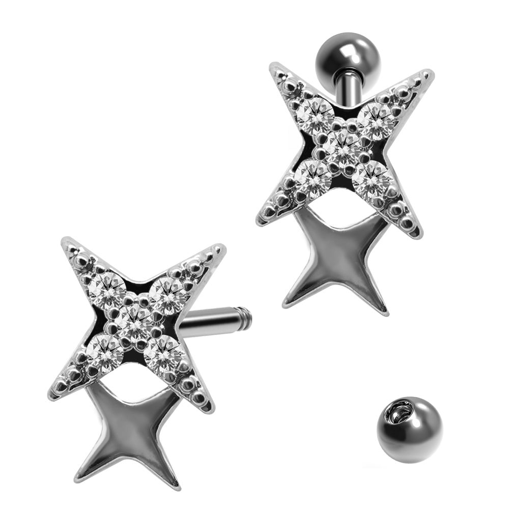 Steel 316L Barbell in Star Design with Crystals - CC Crystal Clear