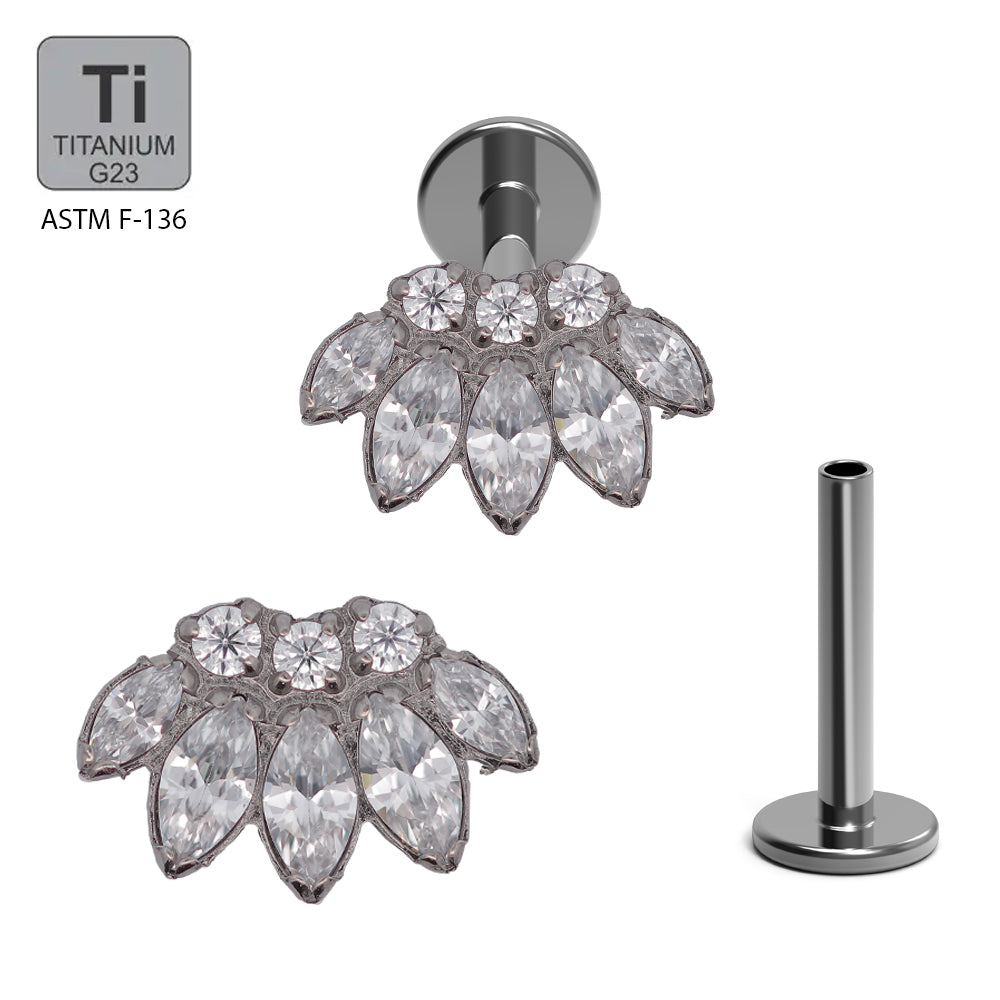 ASTM F136 Titanium G23 Internally Threaded Labret with 3 Marquise Cubic Zirconia With 3 Round Cubic Zirconia On Bottom