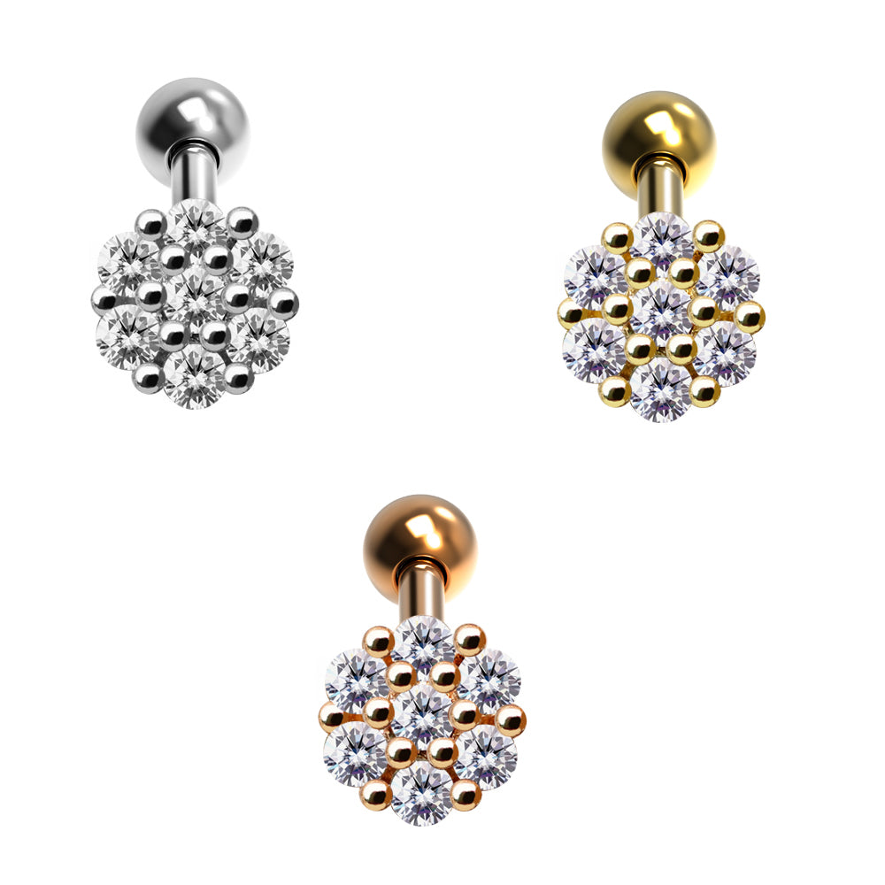 Steel 316L Barbell in Flower Design with Crystals - CC Crystal Clear