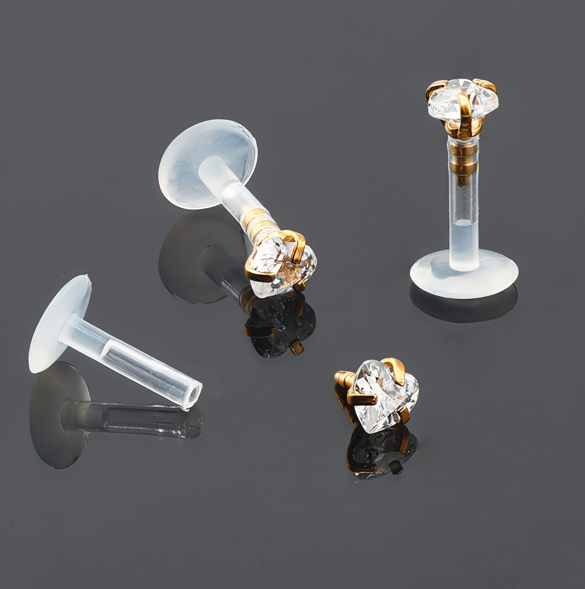 Push-In Bioflex Labret mit Rose Gold Steel Top und 3mm Kristall in Herz Design mit Krabbenfassung - Stärke 1.2mm Länge 6mm - CC Kristallklar