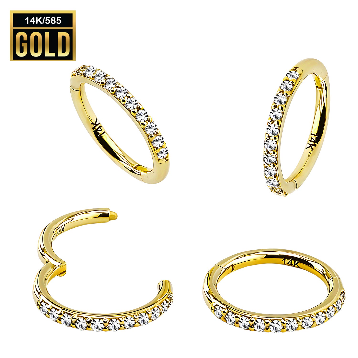 585er Echt-Gelbgold (14K) Segmentring Clicker mit Cubic Zirkonia - Stärke 1.2mm
