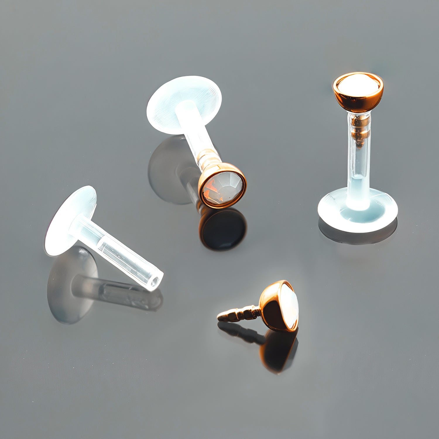 Push-In Bioflex Labret mit Rose Gold Steel Top und 3mm Opal in Weiss - Stärke 1.2mm