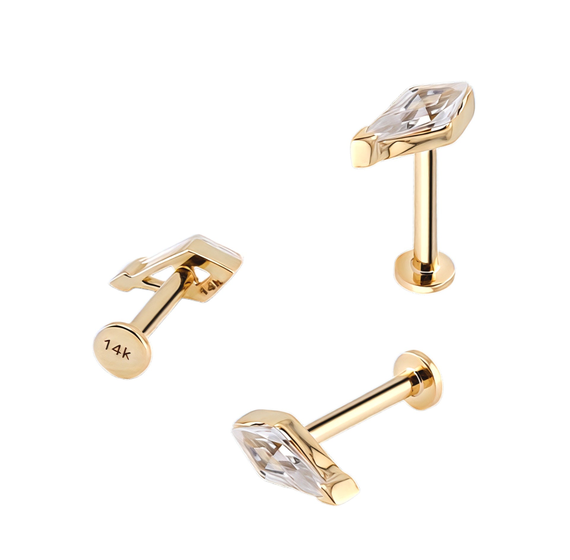 585er Echt-Gelbgold (14K) Labret mit Innengewinde und synthetischem Diamant - Stärke 1.2mm Länge 8mm