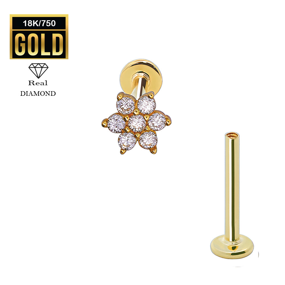 750er Echt-Gelbgold (18K) Labret mit Innengewinde und Diamanten im Blumen Design - Stärke 1.2mm Länge 8mm