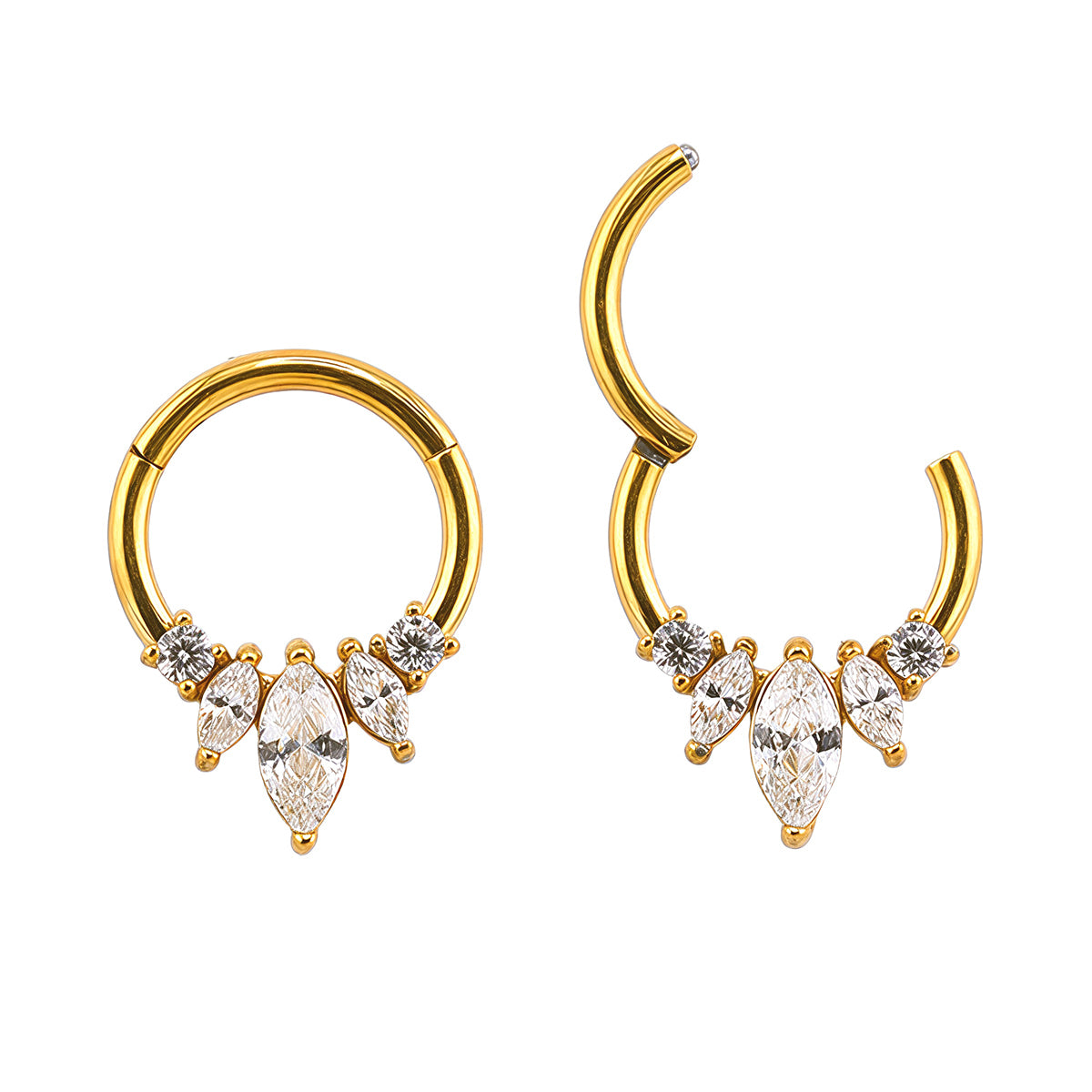 18K Gold Steel Segmentring Clicker im Marquise Design mit klaren Kristallen - Stärke 1.2mm