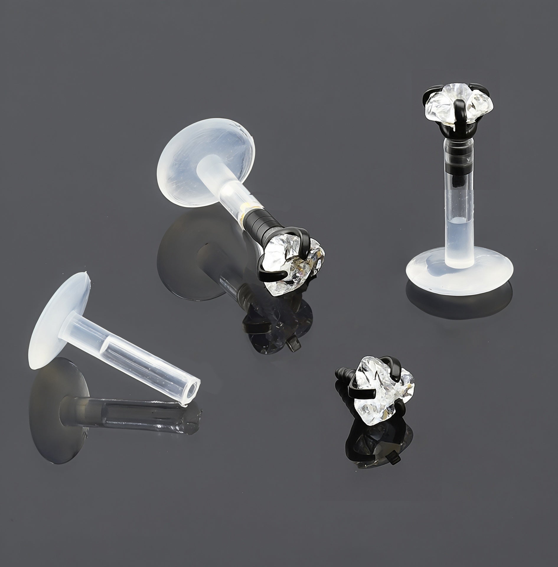 Push-In Bioflex Labret mit Gold Steel Top und 3mm Kristall in Herz Design mit Krabbenfassung - Stärke 1.2mm Länge 6mm - CC Kristallklar