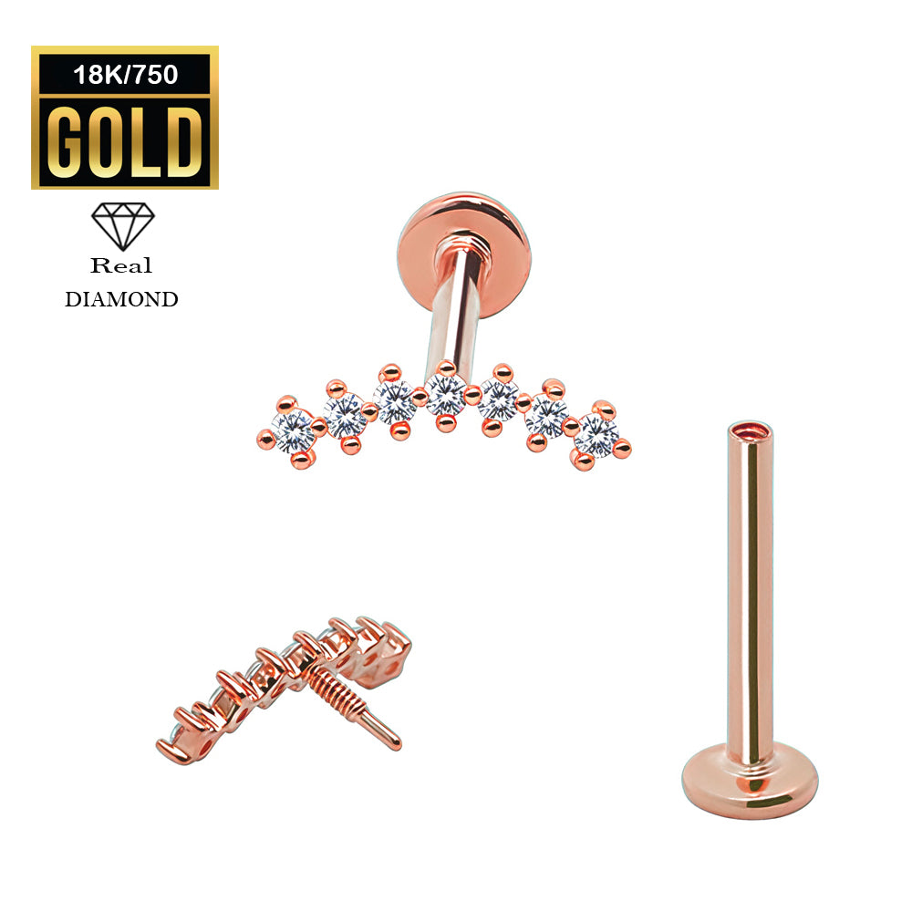 750er Echt-Rosegold (18K) Labret mit Innengewinde und Diamanten - Stärke 1.2mm Länge 8mm