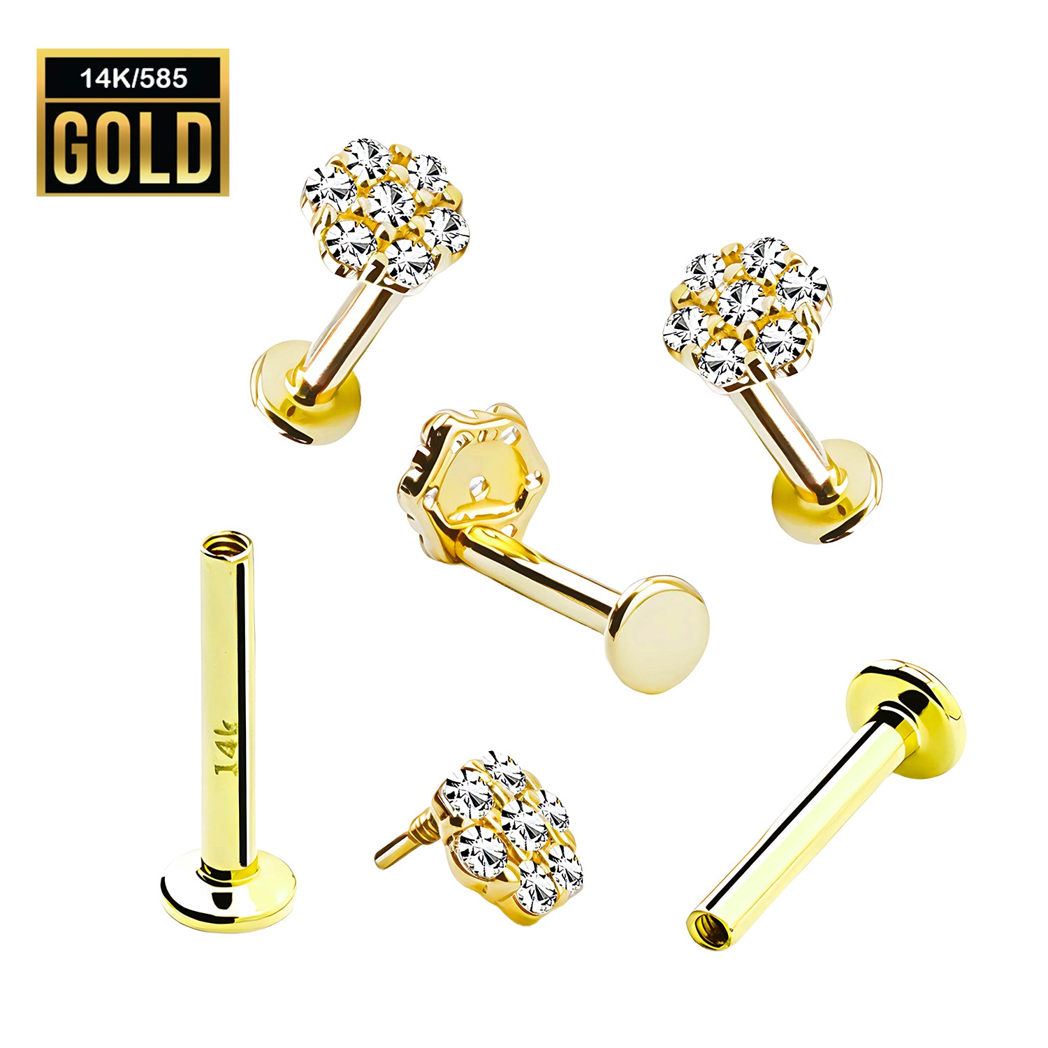 585er Echt-Gelbgold (14K) Labret mit Innengewinde mit Blumen Design - Länge 8mm