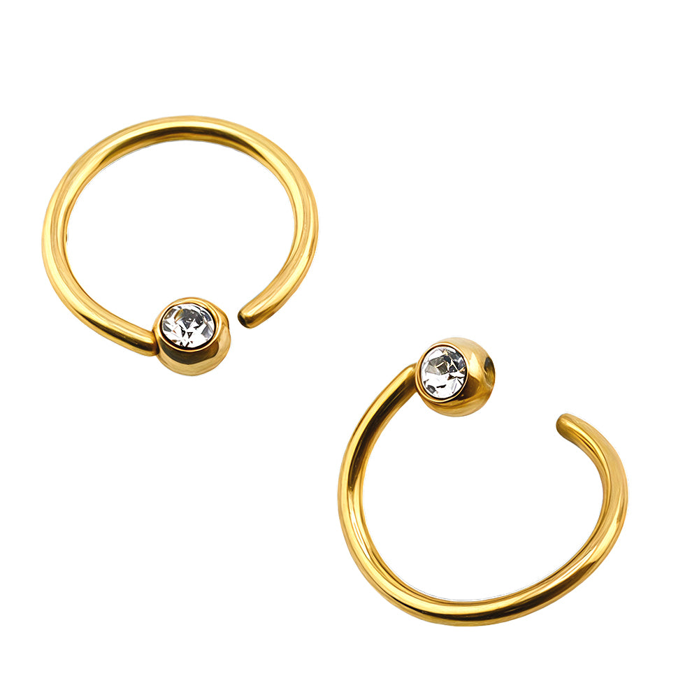 Gold Titan Open Nose Ring mit Kugel und Kristall - biegbar - Stärke 1.0mm Durchmesser 8mm Ball 3mm/ CC Kristallklar