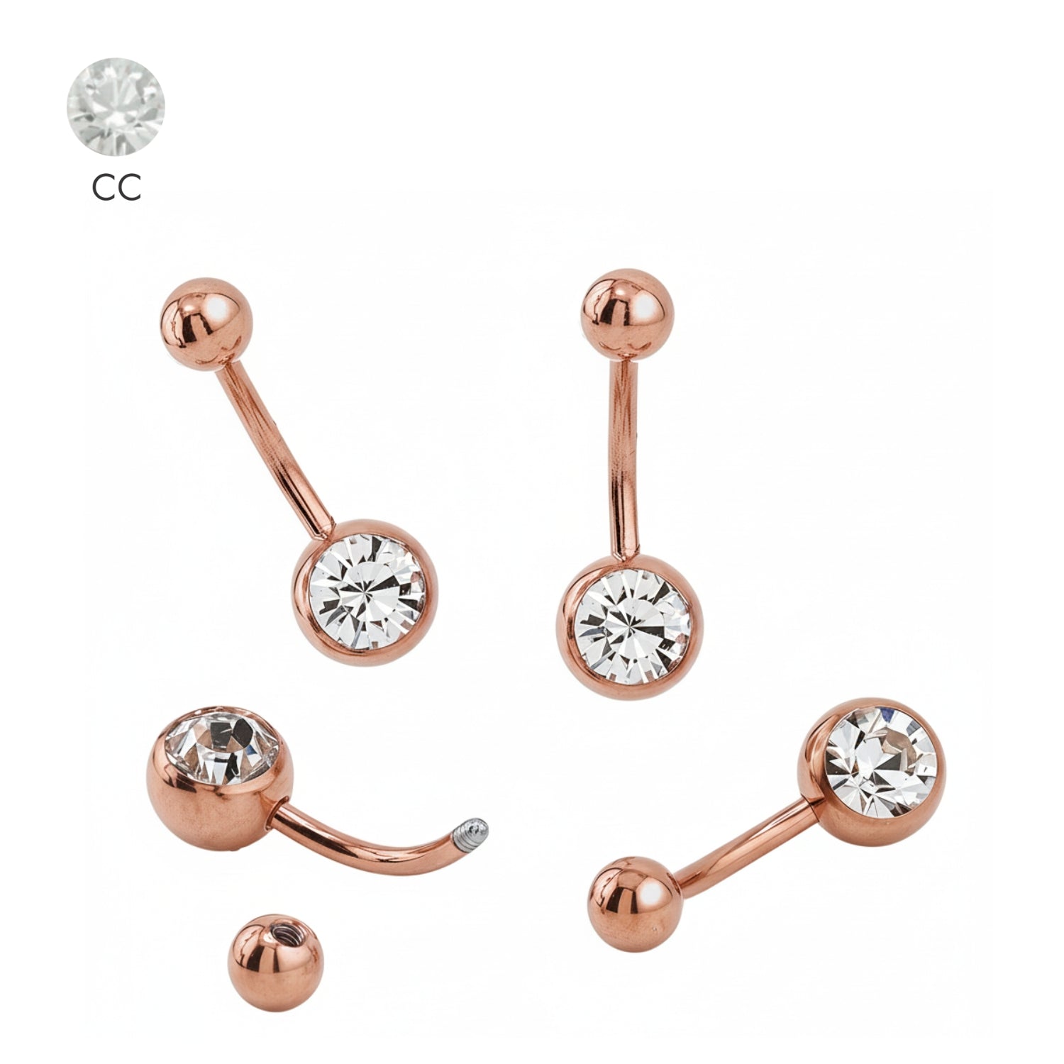 SONDERLÄNGEN 18K Rose Gold Steel Bauchnabel Banana mit Kugeln (5+8mm) - Single Crystal - Stärke 1.6mm