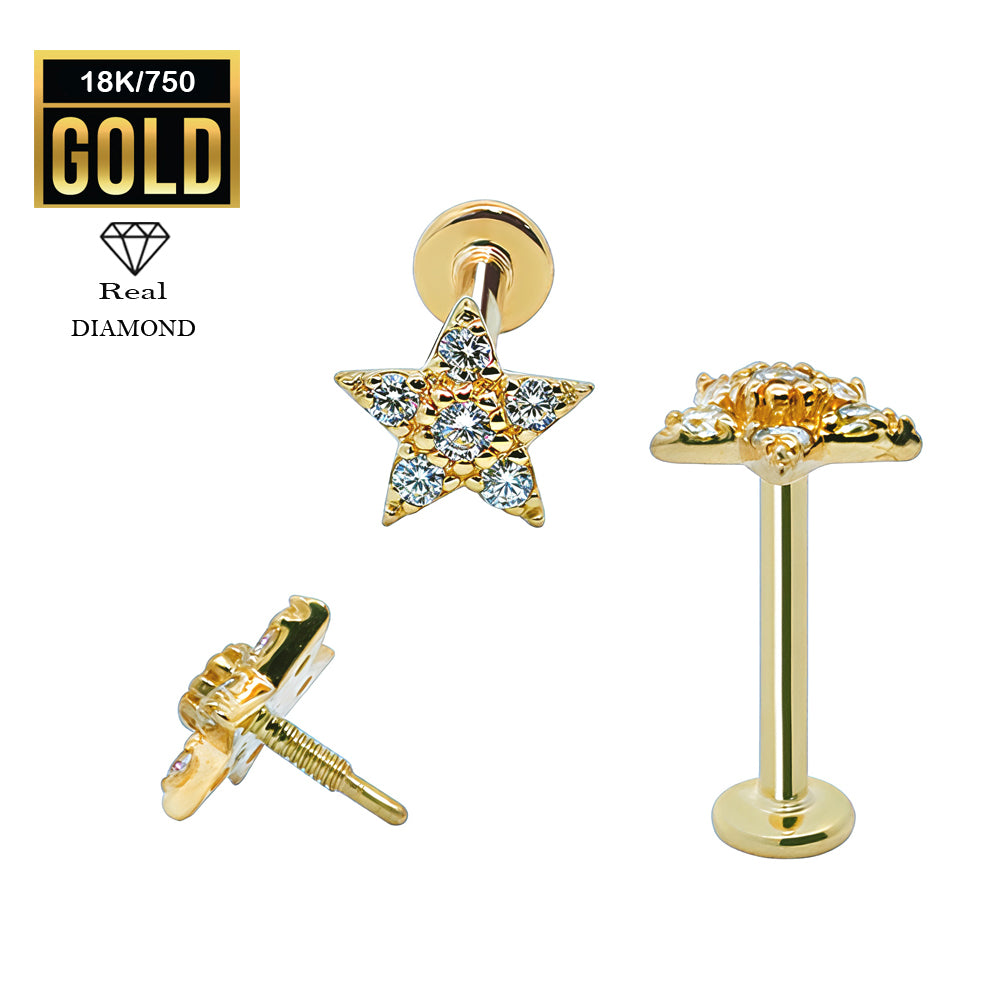 750er Echt-Gelbgold (18K) Labret mit Innengewinde und Diamanten im Stern Design - Stärke 1.2mm Länge 8mm