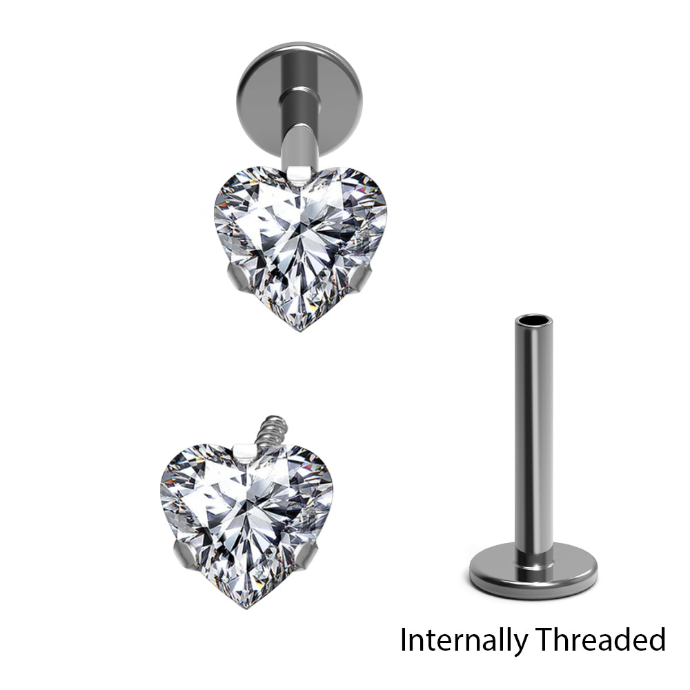 Steel 316L labret with internal thread and heart crystal (3mm) in crab setting - thickness 1.2mm