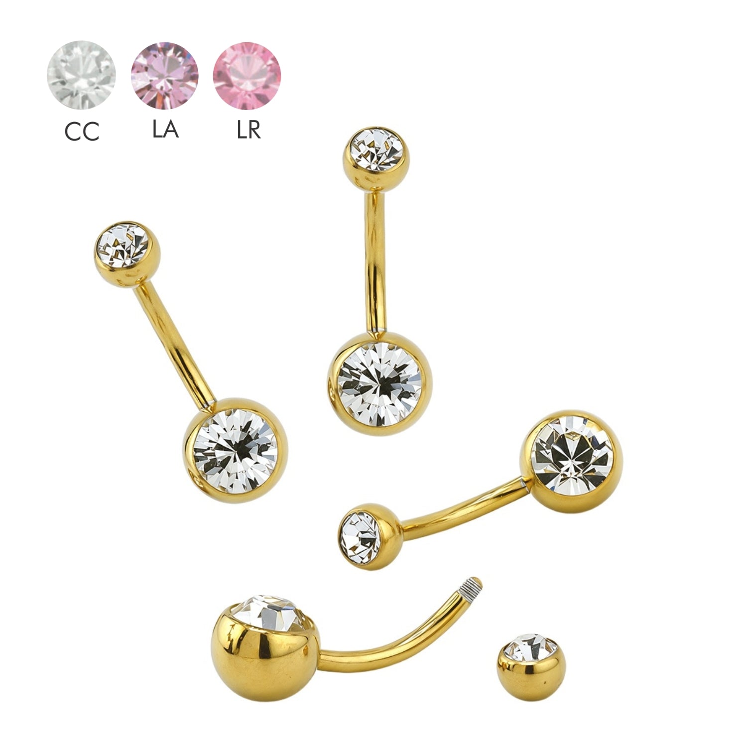 SONDERLÄNGEN 18K Gold Steel Bauchnabel Banana mit Kugeln (5+8mm) - Stärke 1.6mm - Double Crystal