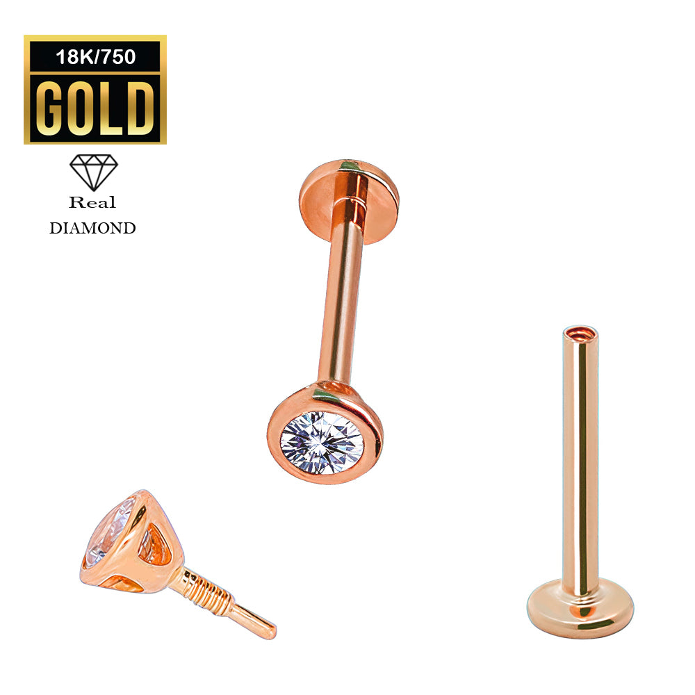 750er Echt-Rosegold (18K) Labret mit Innengewinde und Diamant - Stärke 1.2mm Länge 8mm