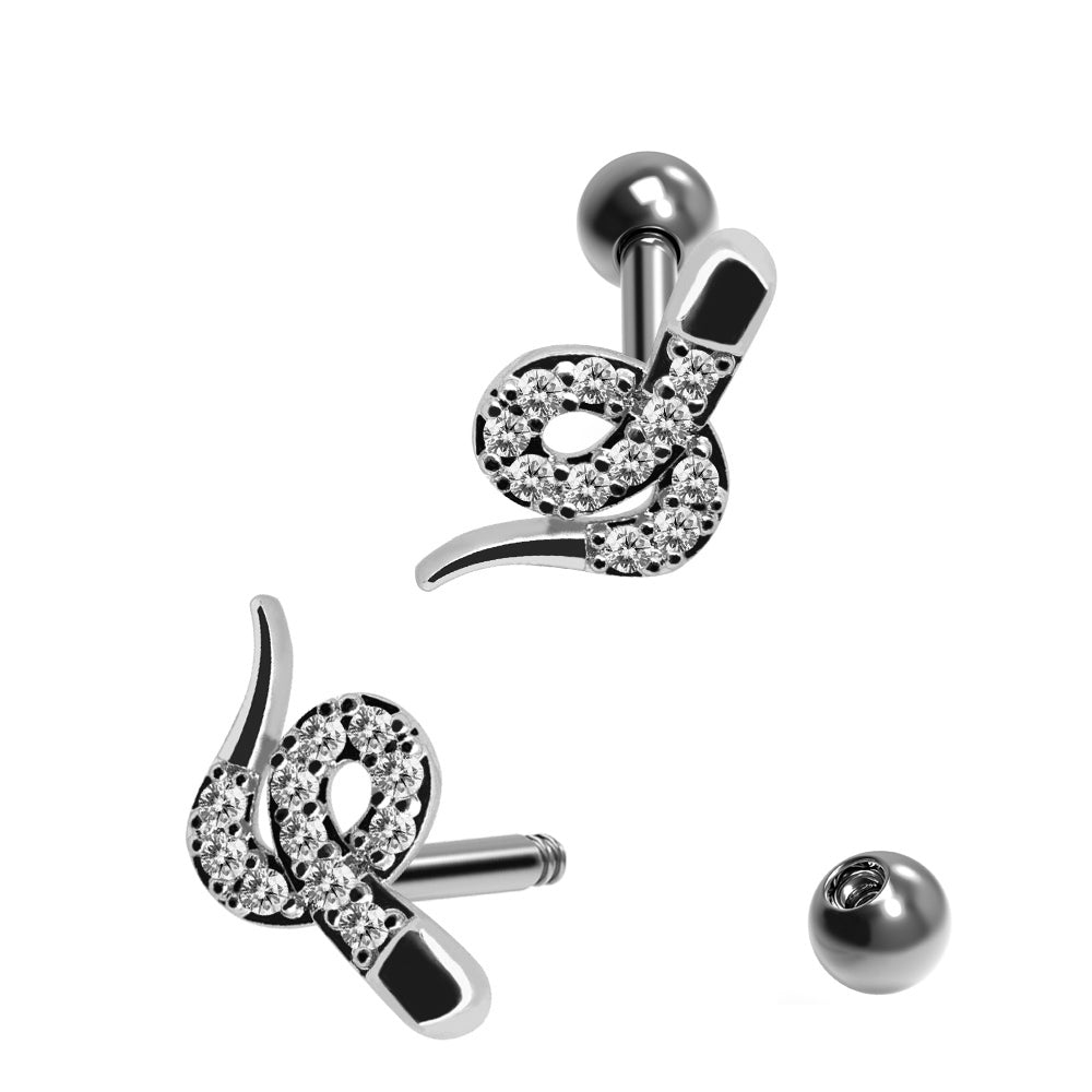 Steel 316L Barbell in Snake Design with Crystals - CC Crystal Clear