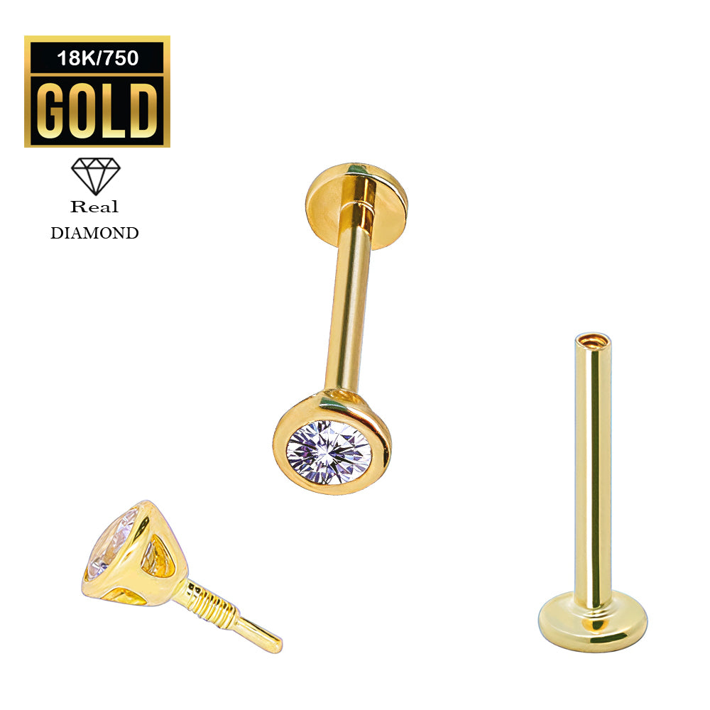750er Echt-Gelbgold (18K) Labret mit Innengewinde und Diamant - Stärke 1.2mm Länge 8mm