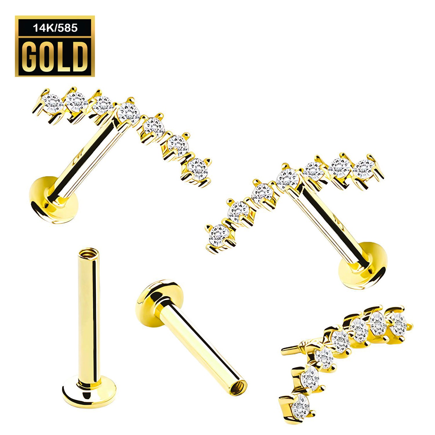 585er Echt-Gelbgold (14K) Labret mit Innengewinde und Cubic Zirkonia - Länge 8mm