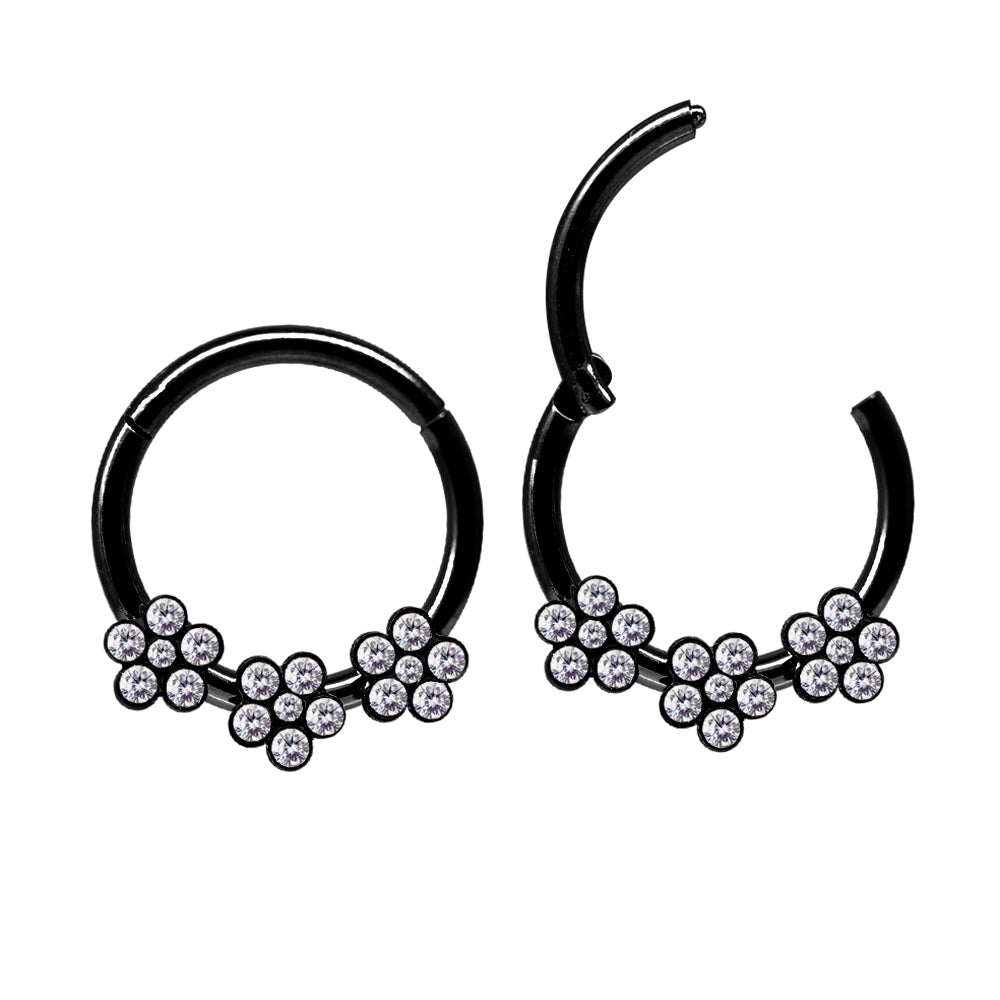 Black Steel Segmentring Clicker mit Blumen Kristall Design - Stärke 1.2mm