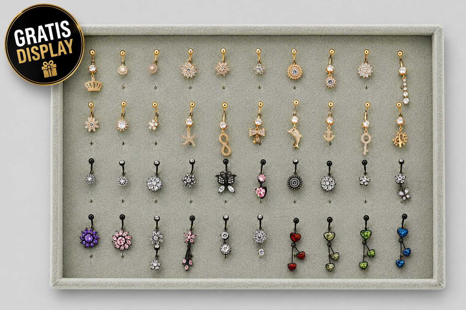 40er Set mit Display - 18K Rose Gold/ Black Steel Bauchnabel Banana im Fashion Brass Design